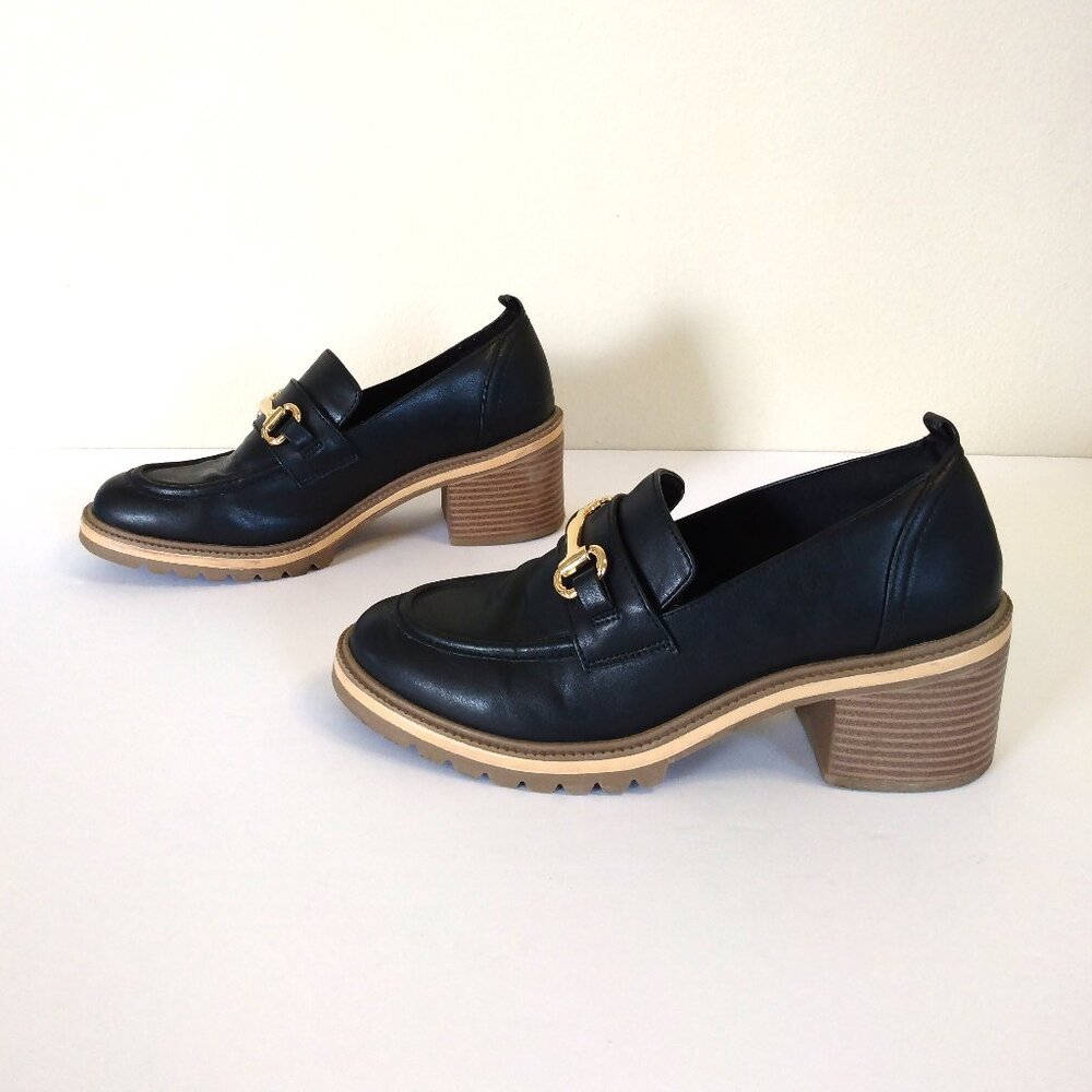 Time and Tru Black Block Heel Slip On Loafers with Gold Accents Size 8